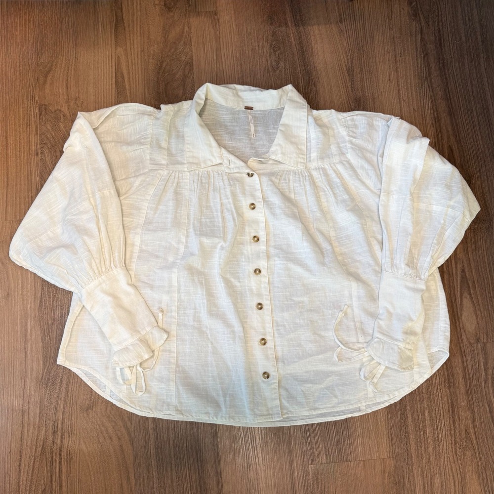 Free People Ivory Oversized Kiss Kiss Lace Up Cuff Button Down Blouse Size M